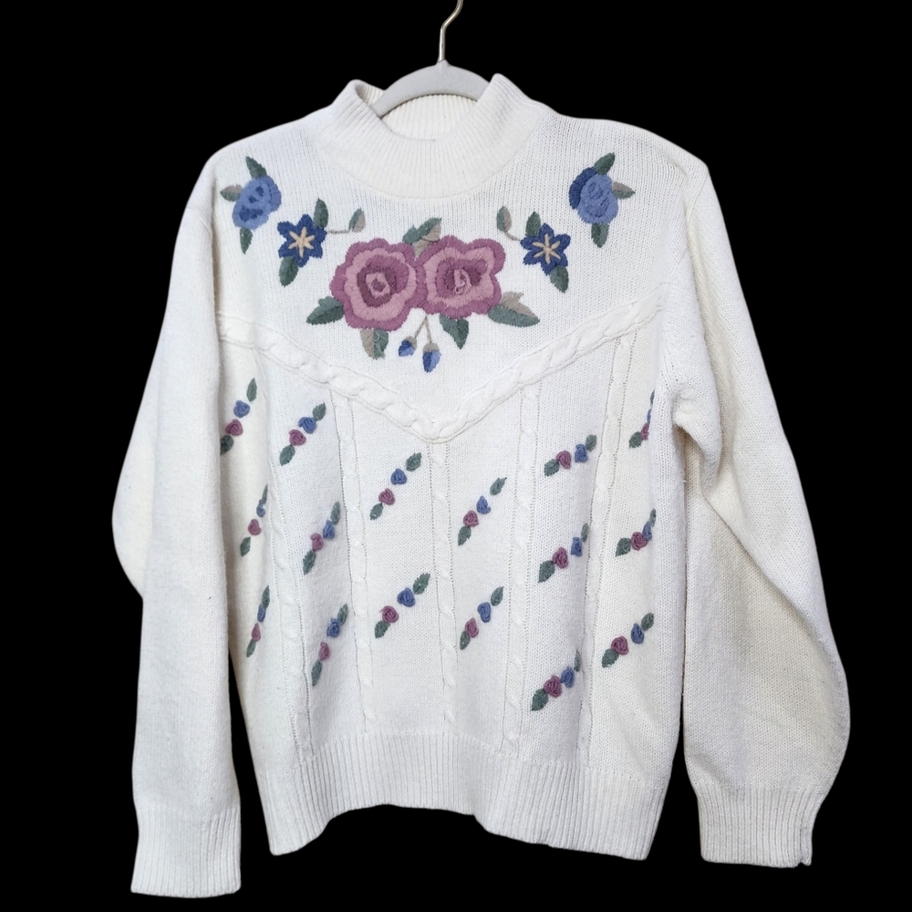 Vintage Cottage core Floral Embroidered Sweater Sz XL 1980s or 1990s